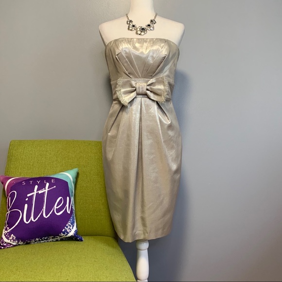 Badgley Mischka Dresses & Skirts - Badgley Mischka Silver Bow Strapless Sheath Dress